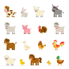 Set of cute cartoon farm animals. Vector illustrations.