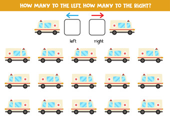 Left or right with ambulance car. Logical worksheet for preschoolers.