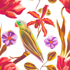 Seamless pattern with cute parrots. colorful stylish background