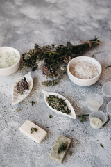 Spa cosmetics: natural herbal body scrub. Sea salt, composition and ingredients.