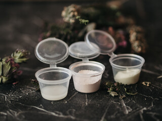 Spa cosmetics: natural herbal body scrub. Sea salt, composition and ingredients.