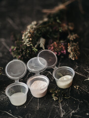 Obraz na płótnie Canvas Spa cosmetics: scrub, salt, herbal soap, natural ingredients.