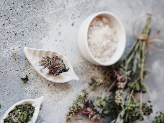Spa setting cosmetics: natural herbal body scrub. Composition and ingredients.