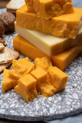 Cheese collection, orange and yellow smoked British cheese from England