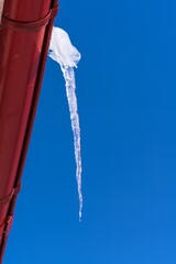 A large icicle against a clear blue sky hangs from a red drainpipe in winter on the eve of spring