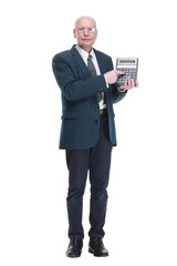 serious business man pointing at the calculator screen.