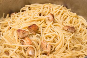 Homemade pasta dish o-fleet: pasta meat chicken fillet. Home simple kitchen menu