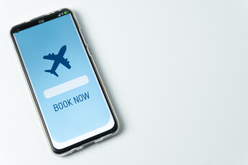 Phone with booking app on white background