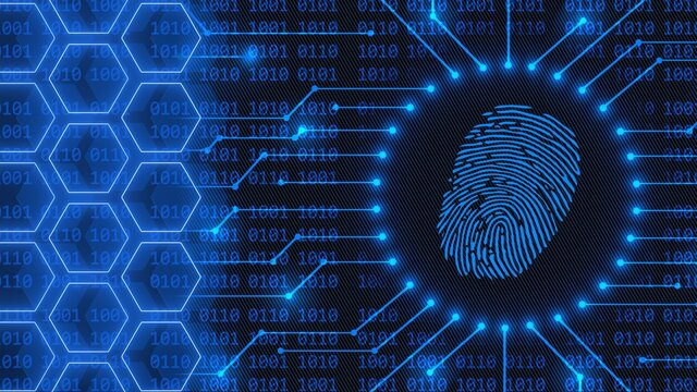 Fingerprint logo - abstract background in blue of 4-digit binary code behind information connecting lines and honeycomb elements - security scanning identification system by biometric authorization
