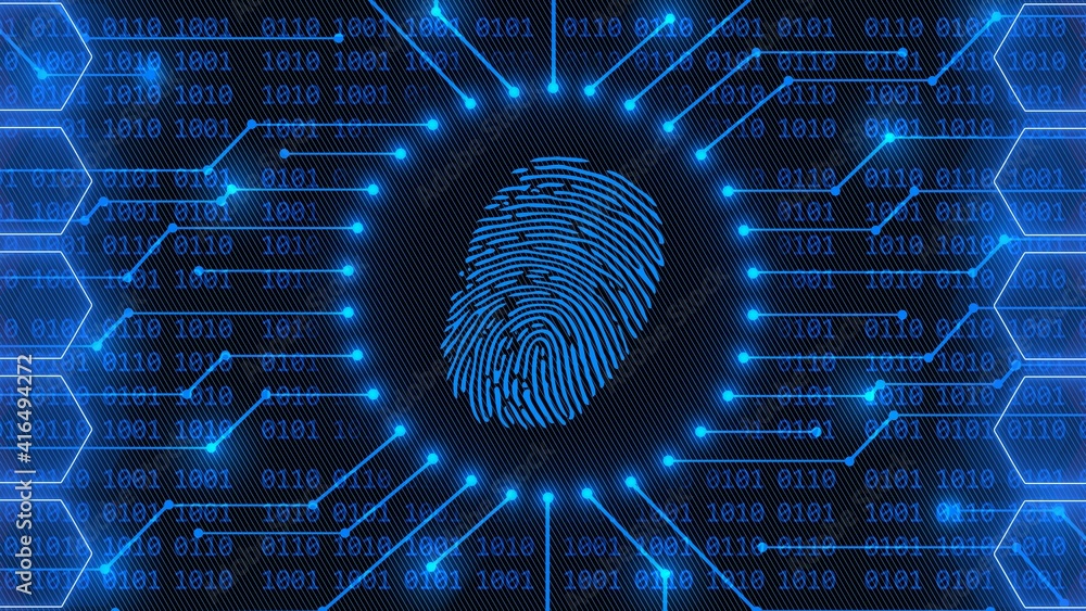 Poster fingerprint logo - abstract background in blue of 4-digit binary code behind information connecting 