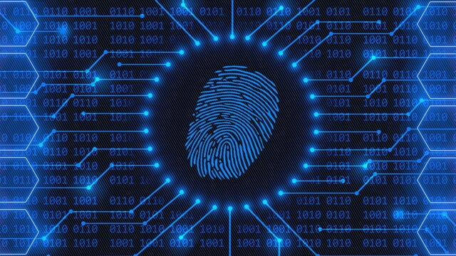 Fingerprint logo - abstract background in blue of 4-digit binary code behind information connecting lines between honeycomb elements - security scanning identification by biometric authorization