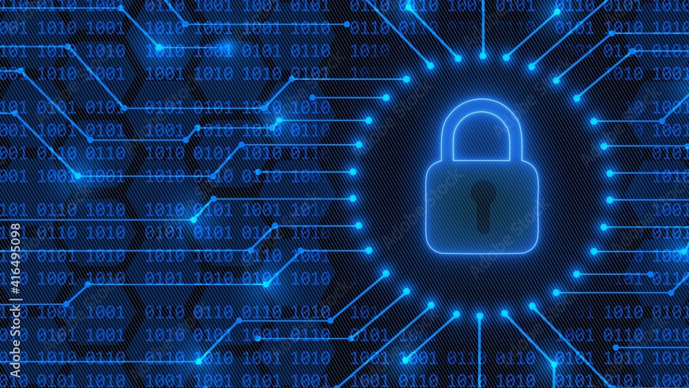 Poster padlock logo - abstract background in blue of 4-digit binary code behind information connecting line