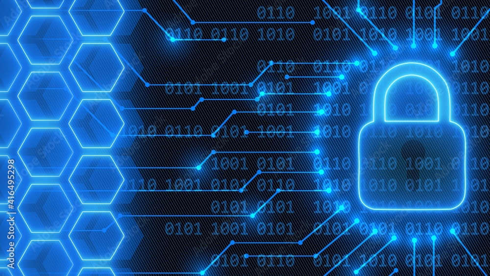 Poster padlock logo - abstract background in blue of 4-digit binary code behind information connecting line
