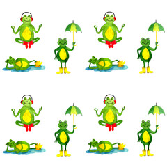Watercolor pattern with cute cartoon green frogs in springtime