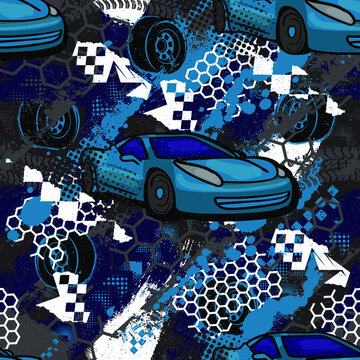 Abstract seamless cars pattern on grunge shape cracked background with shabby texture, arrow, lightning, dots,spray paint, ink. Childish style wheel auto repeated backdrop.