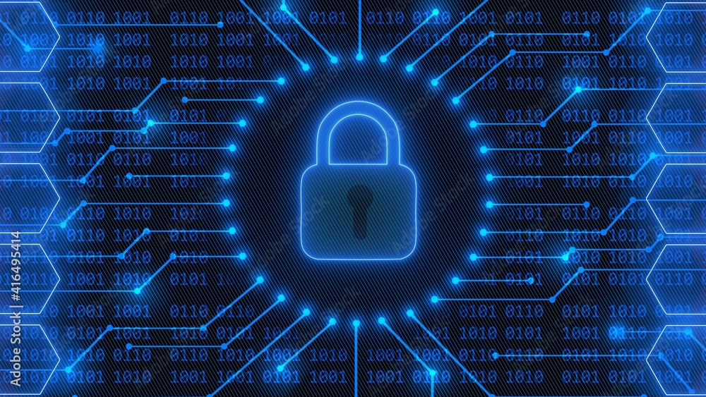 Poster padlock logo - abstract background in blue of 4-digit binary code behind information connecting line