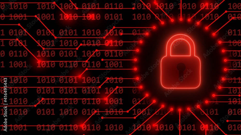 Poster padlock logo - abstract background in red of 4-digit binary code behind information connecting lines