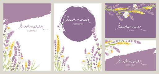 Birthday or Wedding invitation cards. Vector design element, wreaths of lavender, chamomile and wheat ears, medicinal herbs, calligraphy lettering. © imagination13