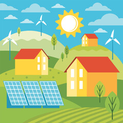 Green energy an eco friendly modern house. Alternative energy. Environmentally friendly landscape with ecological infrastructure, solar panels, windmills, wind turbines. Vector concept illustration.