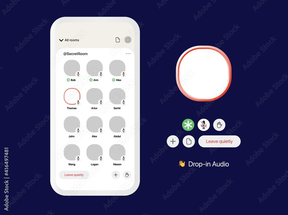 Poster clubhouse app interface. voice meeting ui mockup. mobile application for conference. graphical user 