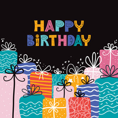 Bday presents pile. Greeting card with happy birthday typography. Pile of gifts and different graphic elements.Vector illustration in Scandinavian style. Holiday banner, web poster, flyer, brochure.
