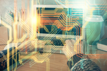 Double exposure of woman hands working on computer and world map hologram drawing. International technology business concept.