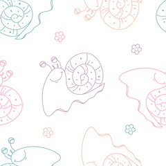 Seamless vector pattern with cute hand drawn snails. Line objects. Colorful palette. Funny background for kids fashion, room decor, nursery art, print, fabric, wallpaper, textile, gift, wrapping paper