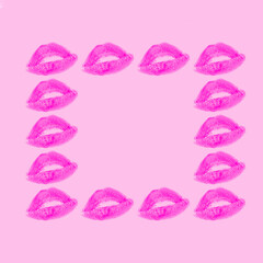 Creative frame made with purple or violet kisses on pastel pink background. Retro style aesthetic. 80s, 90s Romantic concept with kiss print and lipstick. Valentines day idea.