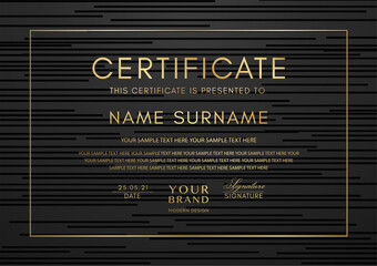 Certificate template with abstract line pattern and gold frame on black background. Vector stripe design for Diploma, certificate of appreciation or award
