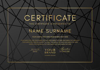 Certificate template with abstract geometry line pattern and gold frame on black background. Vector modern design for Diploma, certificate of appreciation or award