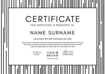 Certificate template with abstract black line pattern and frame on white background. Vector stripe design for Diploma, certificate of appreciation or award