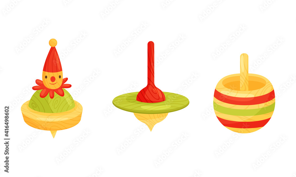 Poster spinning top as squat toy with sharp point at the bottom vector set