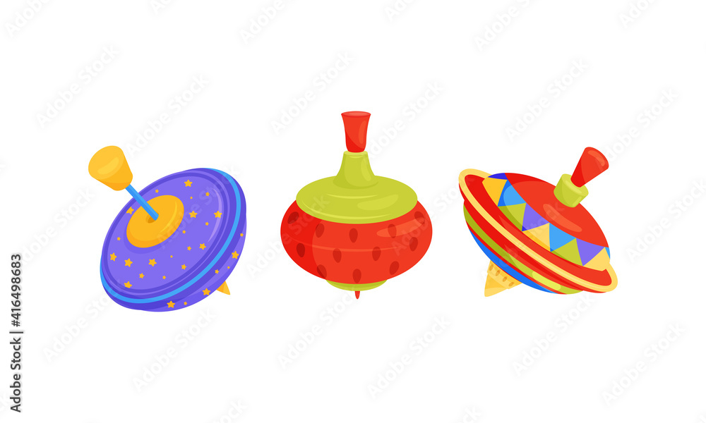 Poster colorful spinning top as children toy with sharp point for balancing vector set