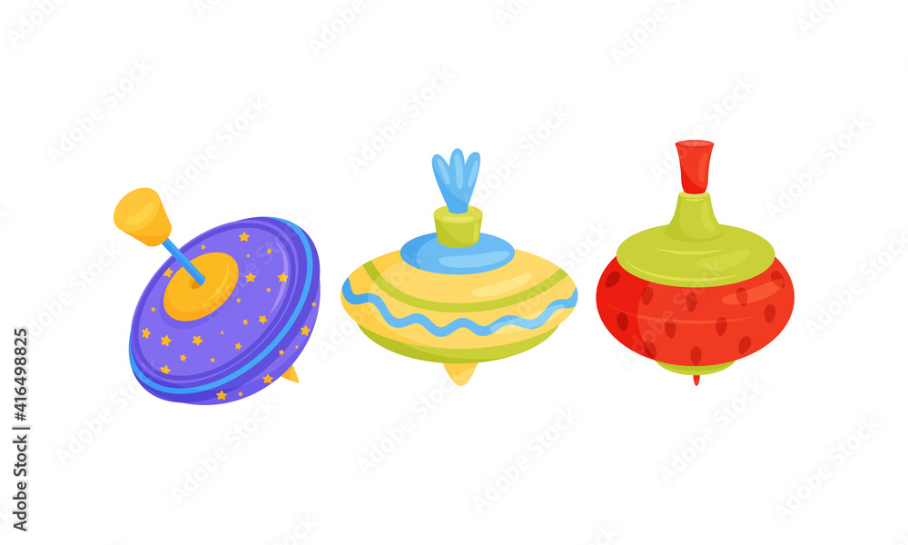 Poster colorful spinning top as children toy with sharp point for balancing vector set