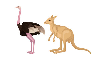 Emu Bird with Long Neck and Kangaroo as Australian Animals Vector Set