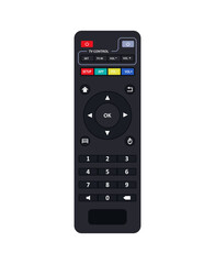 Remote control for TV or media center.   Device for films cinema video. Leisure at home. Vector Illustration. 