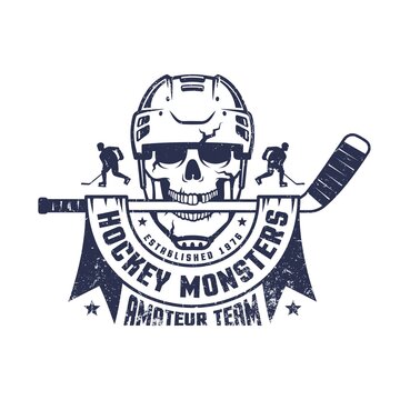 Hockey skull mascot with stick and ribbon. Hockey team logo. Vector illustration.