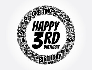 Happy 3rd birthday word cloud, holiday concept background