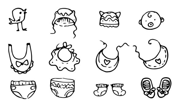 Vector Set Of Baby Clothes For Babies Drawn In The Style Of Doodle Black Outline On A White Background. Insulated Items Diapers, Bibs, Socks, And Beanies For Children With A Bird And A Baby's Head