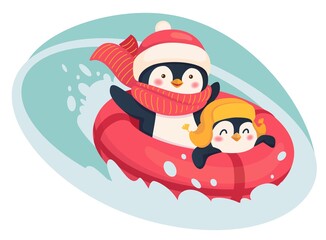 Penguins on snow tube