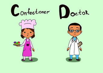 Cute vector alphabet Profession. Letter C - confectioner. Letter D - doctor