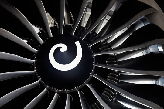 Turbine blades of an aircraft jet engine. Close up Turbines Engine. Aviation Technologies. Aircraft jet black detail during maintenance. Background. Macro