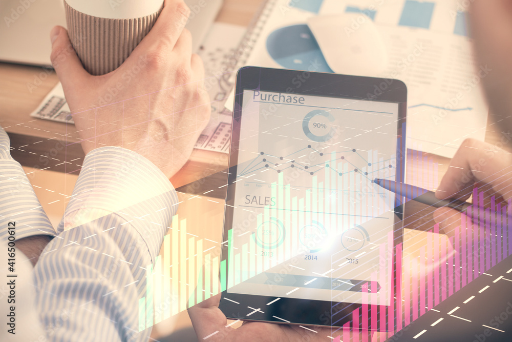 Poster double exposure of man's hands holding and using a phone and financial chart drawing. market analysi