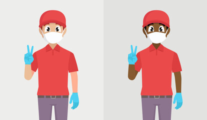 Delivery man in safety mask and gloves showing victory, peace sign. Person gesturing V, two with fingers, Corona virus outbreak quarantine.