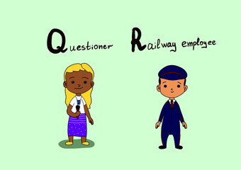 Cute vector alphabet Profession. Letter Q - questioner. Letter R - railway employee