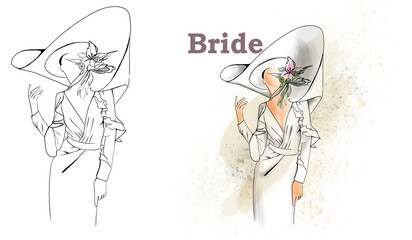 Vintage bride in hat. Wedding look. White dress. Illustration