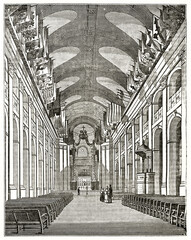 Large vertical perspective front view to the altar of Saint-Louis-des-Invalides cathedral interior in Paris. Ancient grey tone etching style art by Quartley, Magasin Pittoresque, 1838