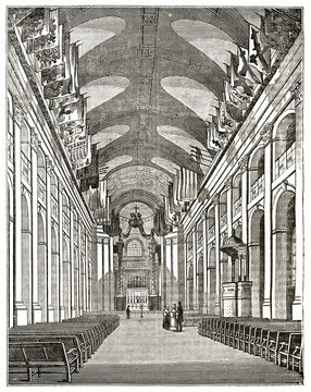 Large vertical perspective front view to the altar of Saint-Louis-des-Invalides cathedral interior in Paris. Ancient grey tone etching style art by Quartley, Magasin Pittoresque, 1838