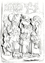 bas-relief reproduction from Francis I tomb in Saint-Denis abbey, depicting sutlers. Ancient grey tone etching style art by Andrew, Best and Leloir, Magasin Pittoresque, 1838