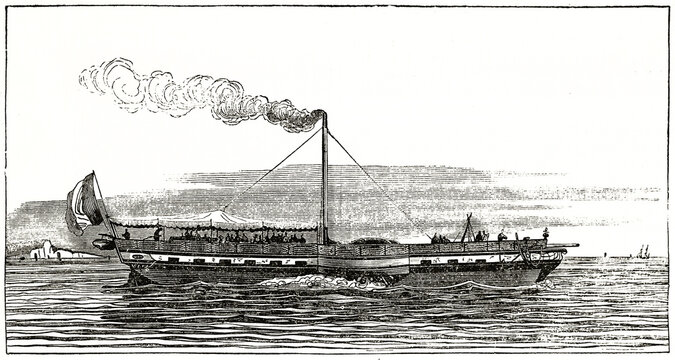 steamer side view sailing on water toward right snorting smoke from its chimney. Ancient grey tone etching style art by unidentified author, Magasin Pittoresque, 1838